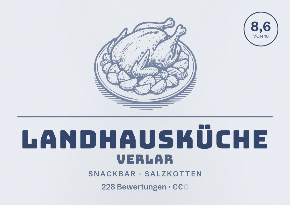Illustriertes Poster von Landhausküche Verlar, Snackbar in Salzkotten: Bewertung 8,6 von 10 aus 228 Bewertungen, Preisniveau €€