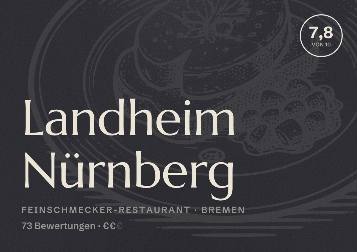Illustriertes Poster von Landheim Nürnberg, Feinschmecker-Restaurant in Bremen: Bewertung 7,8 von 10 aus 73 Bewertungen, Preisniveau €€