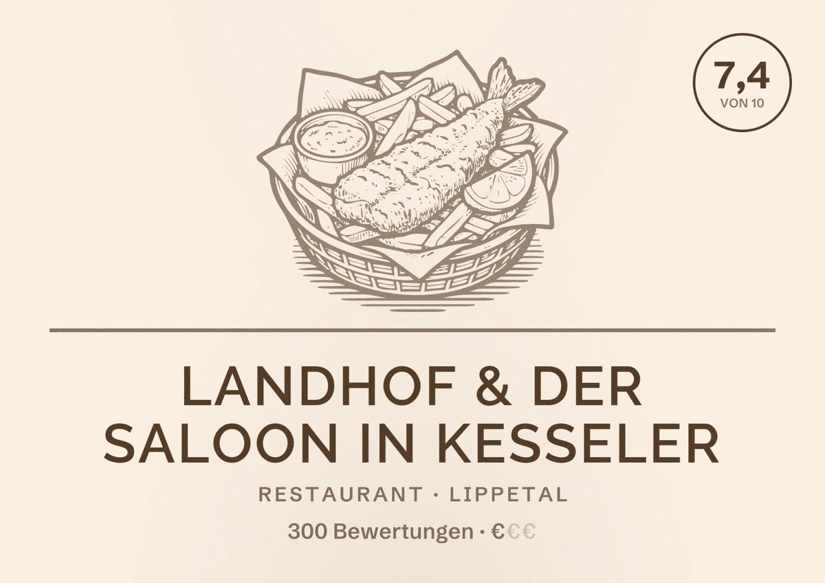 Illustriertes Poster von Landhof & Der Saloon in Kesseler, Restaurant in Lippetal: Bewertung 7,4 von 10 aus 300 Bewertungen, Preisniveau €