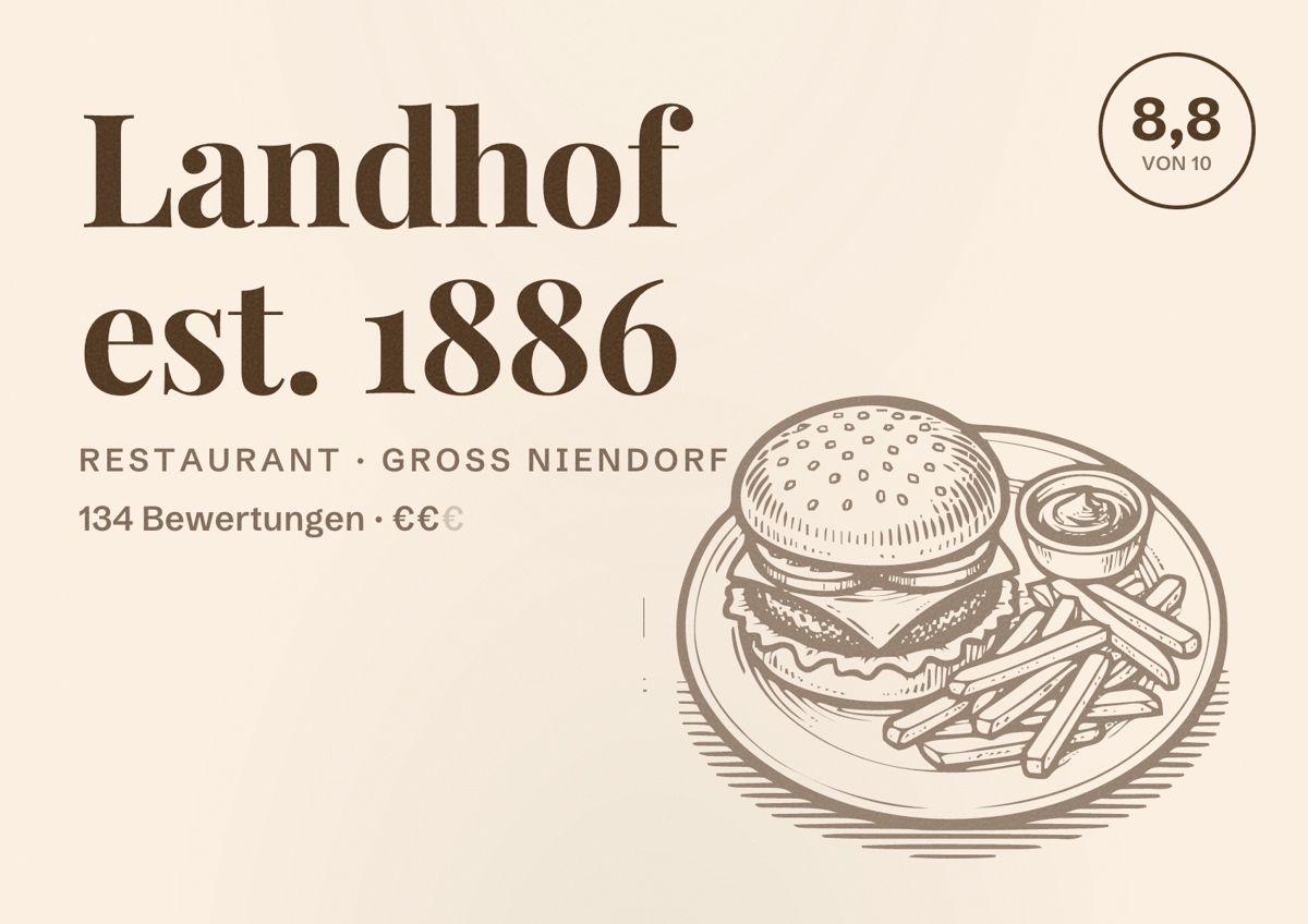 Illustriertes Poster von Landhof est. 1886, Restaurant in Groß Niendorf: Bewertung 8,8 von 10 aus 134 Bewertungen, Preisniveau €€