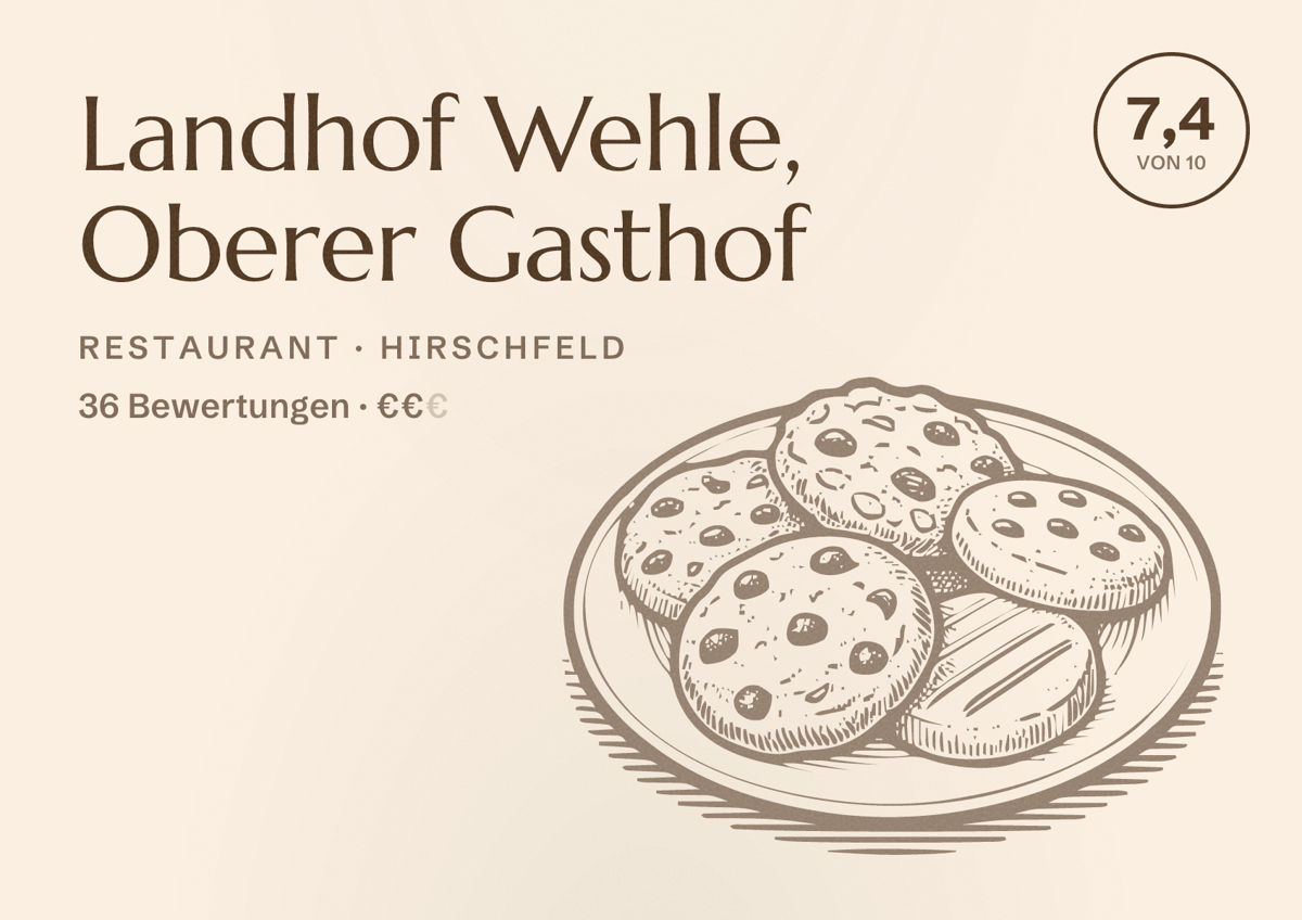 Illustriertes Poster von Landhof Wehle, Oberer Gasthof, Restaurant in Hirschfeld: Bewertung 7,4 von 10 aus 36 Bewertungen, Preisniveau €€