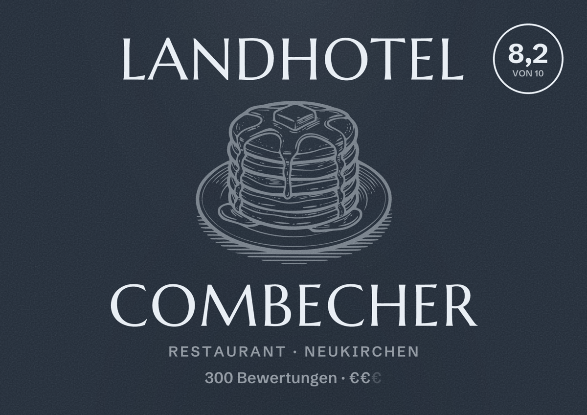 Illustriertes Poster von Landhotel Combecher, Restaurant in Neukirchen: Bewertung 8,2 von 10 aus 300 Bewertungen, Preisniveau €€