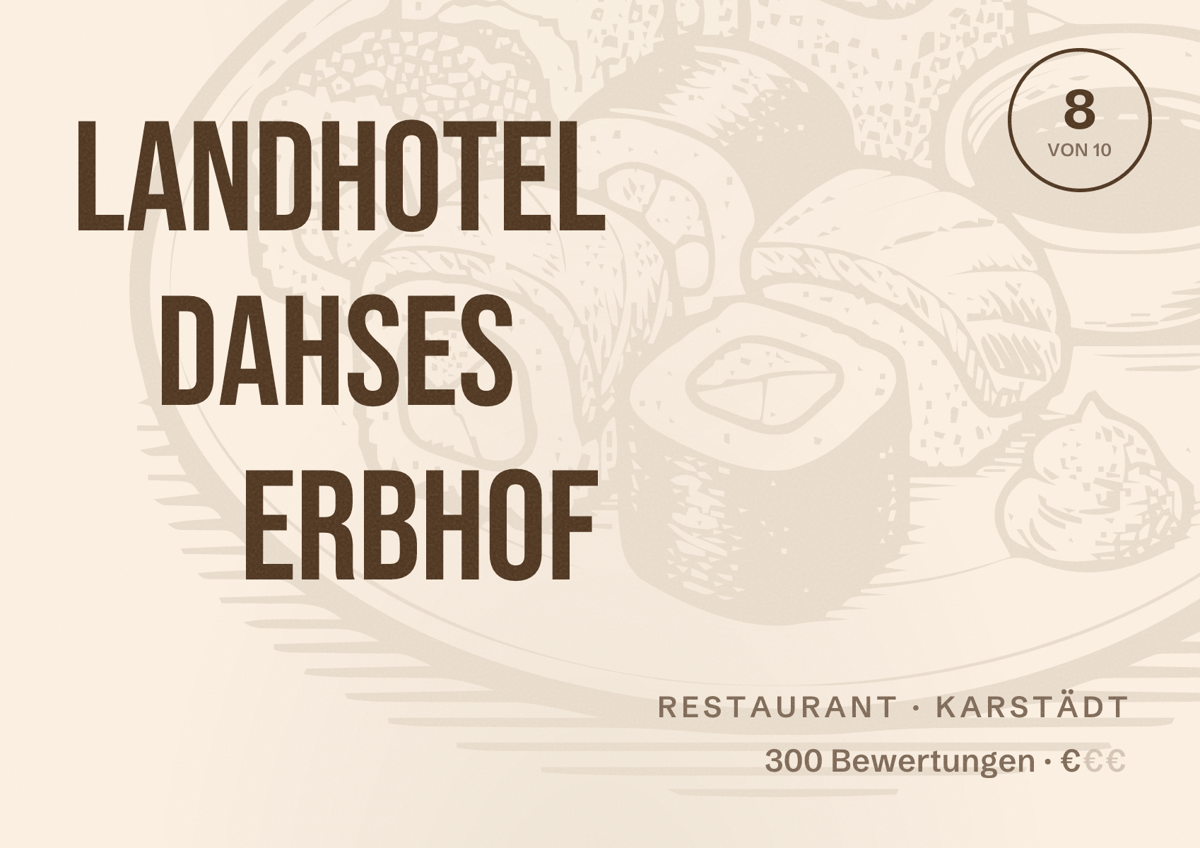 Illustriertes Poster von Landhotel Dahses Erbhof, Restaurant in Karstädt: Bewertung 8 von 10 aus 300 Bewertungen, Preisniveau €