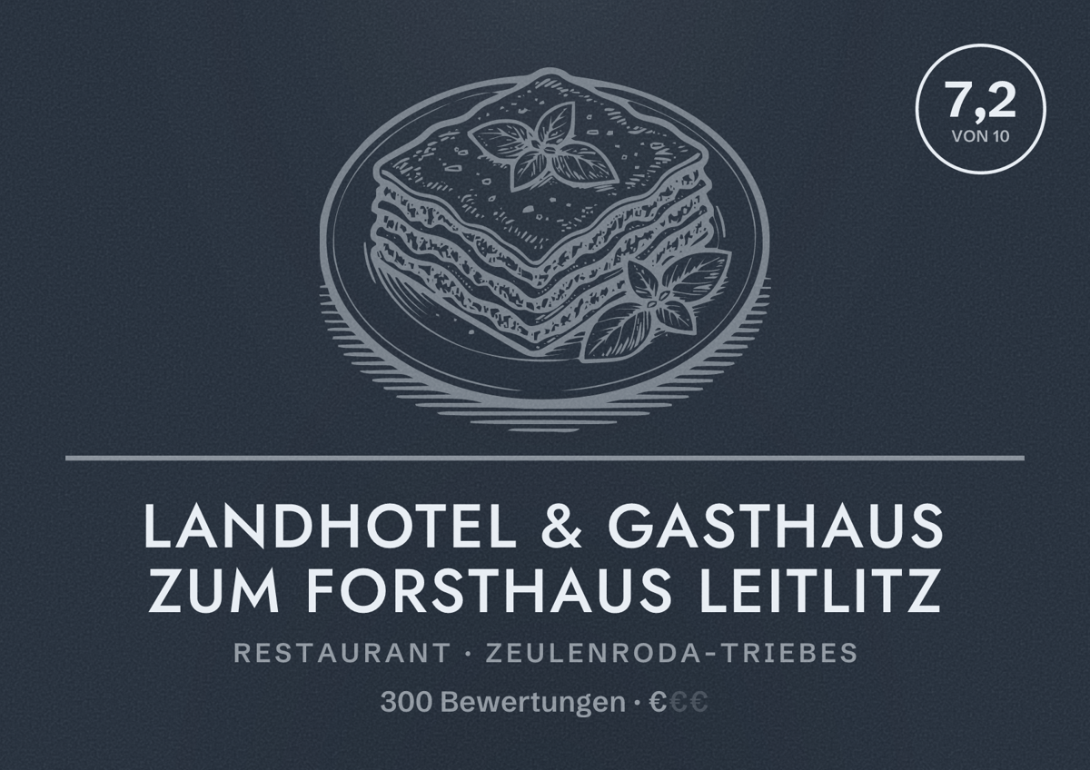 Illustriertes Poster von Landhotel & Gasthaus Zum Forsthaus Leitlitz, Restaurant in Zeulenroda-Triebes: Bewertung 7,2 von 10 aus 300 Bewertungen, Preisniveau €