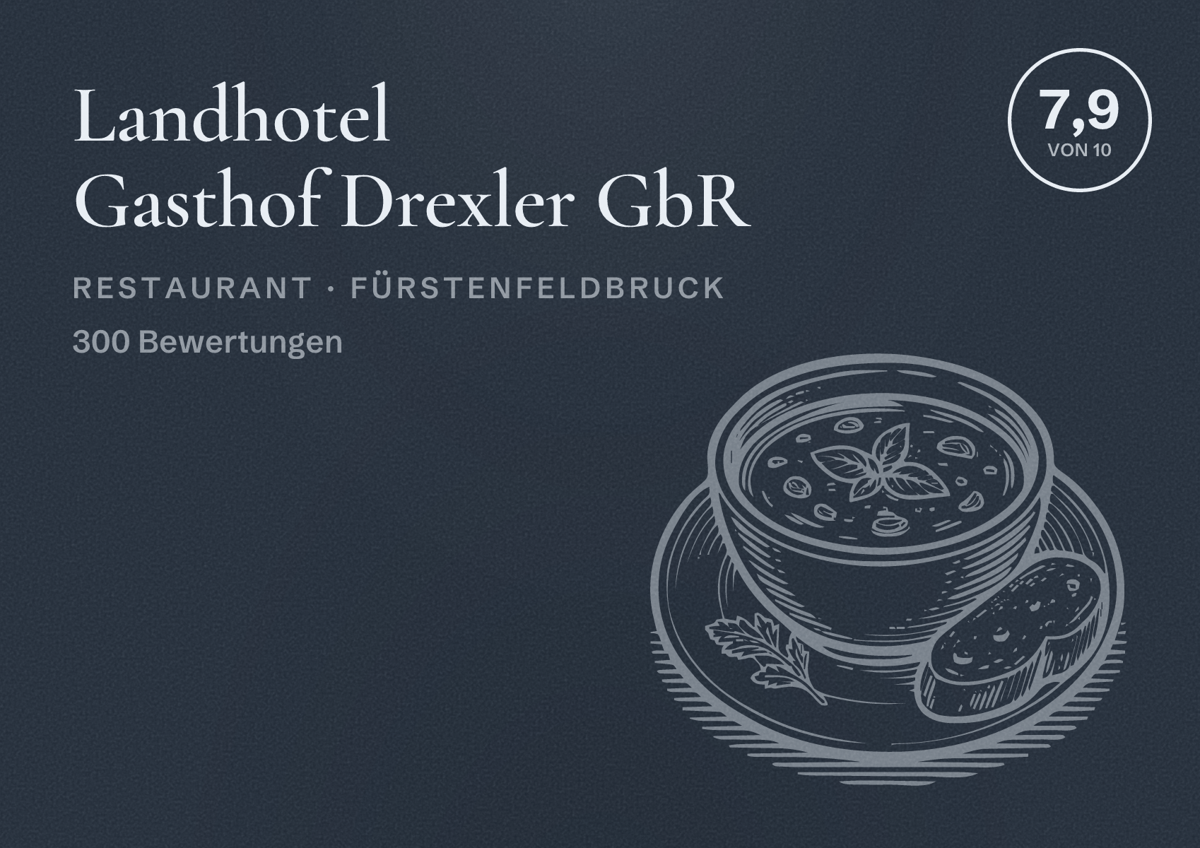 Illustriertes Poster von Landhotel Gasthof Drexler GbR, Restaurant in Fürstenfeldbruck: Bewertung 7,9 von 10 aus 300 Bewertungen