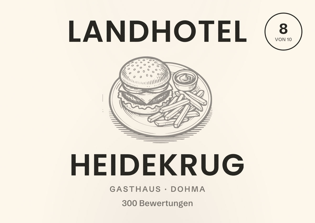 Illustriertes Poster von Landhotel Heidekrug, Gasthaus in Dohma: Bewertung 8 von 10 aus 300 Bewertungen