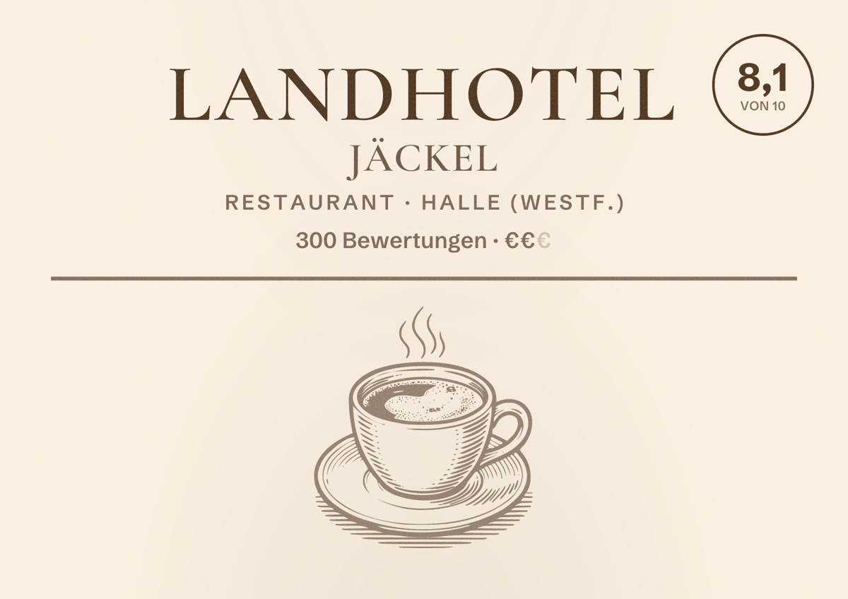 Illustriertes Poster von Landhotel Jäckel, Restaurant in Halle (Westf.): Bewertung 8,1 von 10 aus 300 Bewertungen, Preisniveau €€