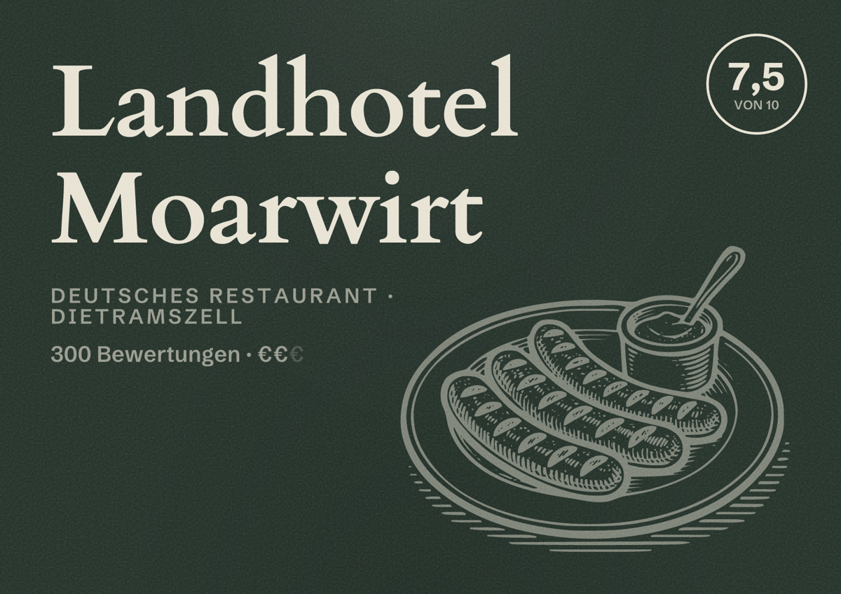 Illustriertes Poster von Landhotel Moarwirt, Deutsches Restaurant in Dietramszell: Bewertung 7,5 von 10 aus 300 Bewertungen, Preisniveau €€
