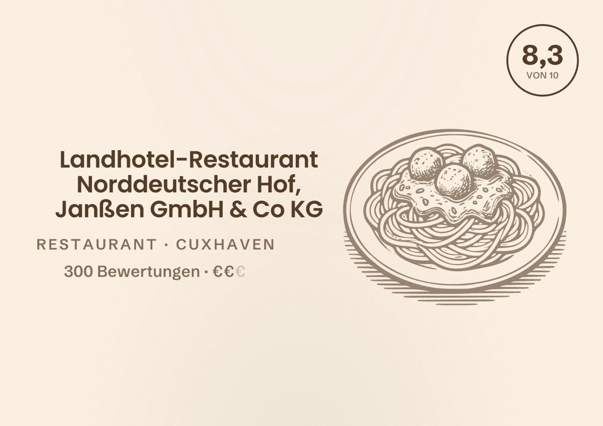 Illustriertes Poster von Landhotel-Restaurant Norddeutscher Hof, Janßen GmbH & Co KG, Restaurant in Cuxhaven: Bewertung 8,3 von 10 aus 300 Bewertungen, Preisniveau €€