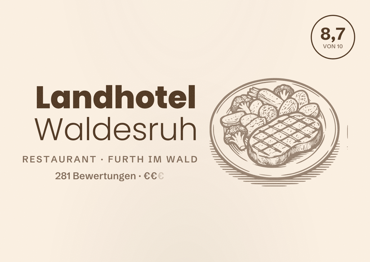 Illustriertes Poster von Landhotel Waldesruh, Restaurant in Furth im Wald: Bewertung 8,7 von 10 aus 281 Bewertungen, Preisniveau €€