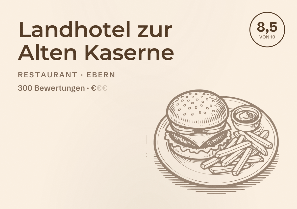 Illustriertes Poster von Landhotel zur Alten Kaserne, Restaurant in Ebern: Bewertung 8,5 von 10 aus 300 Bewertungen, Preisniveau €