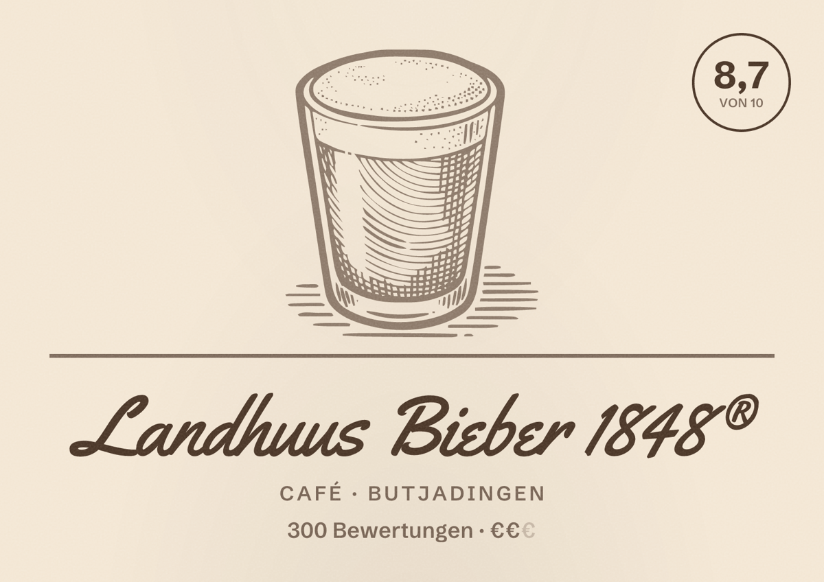 Illustriertes Poster von Landhuus Bieber 1848®, Café in Butjadingen: Bewertung 8,7 von 10 aus 300 Bewertungen, Preisniveau €€