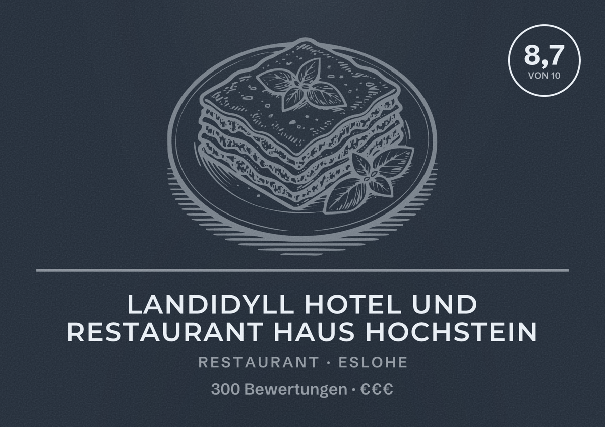 Illustriertes Poster von Landidyll Hotel und Restaurant Haus Hochstein, Restaurant in Eslohe: Bewertung 8,7 von 10 aus 300 Bewertungen, Preisniveau €€€