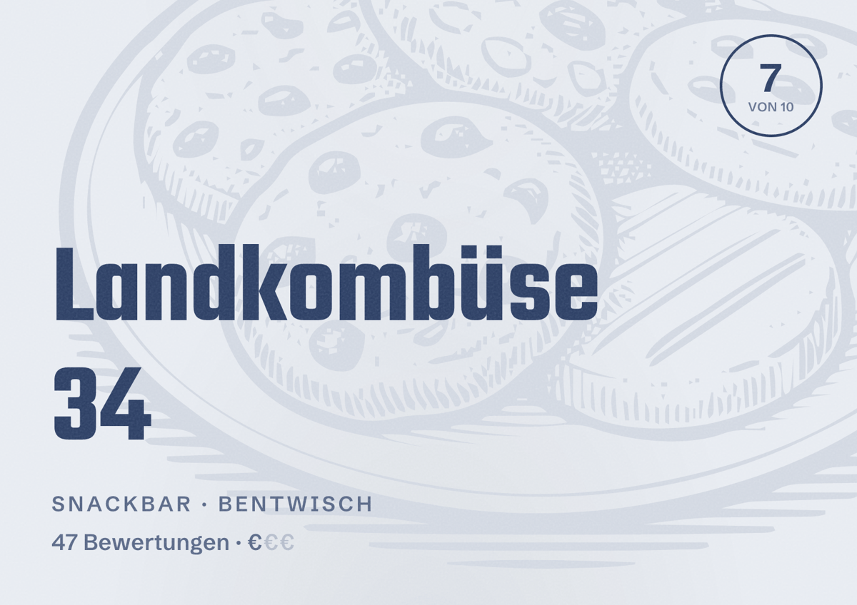 Illustriertes Poster von Landkombüse 34, Snackbar in Bentwisch: Bewertung 7 von 10 aus 47 Bewertungen, Preisniveau €