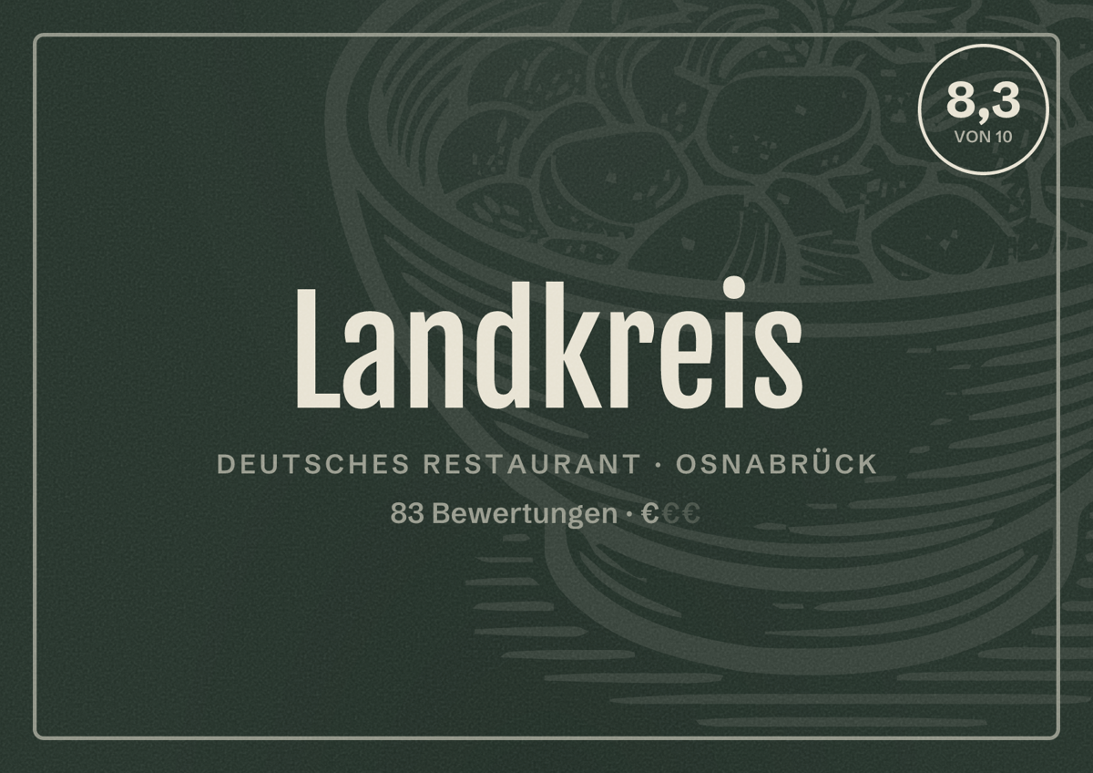 Illustriertes Poster von Landkreis, Deutsches Restaurant in Osnabrück: Bewertung 8,3 von 10 aus 83 Bewertungen, Preisniveau €