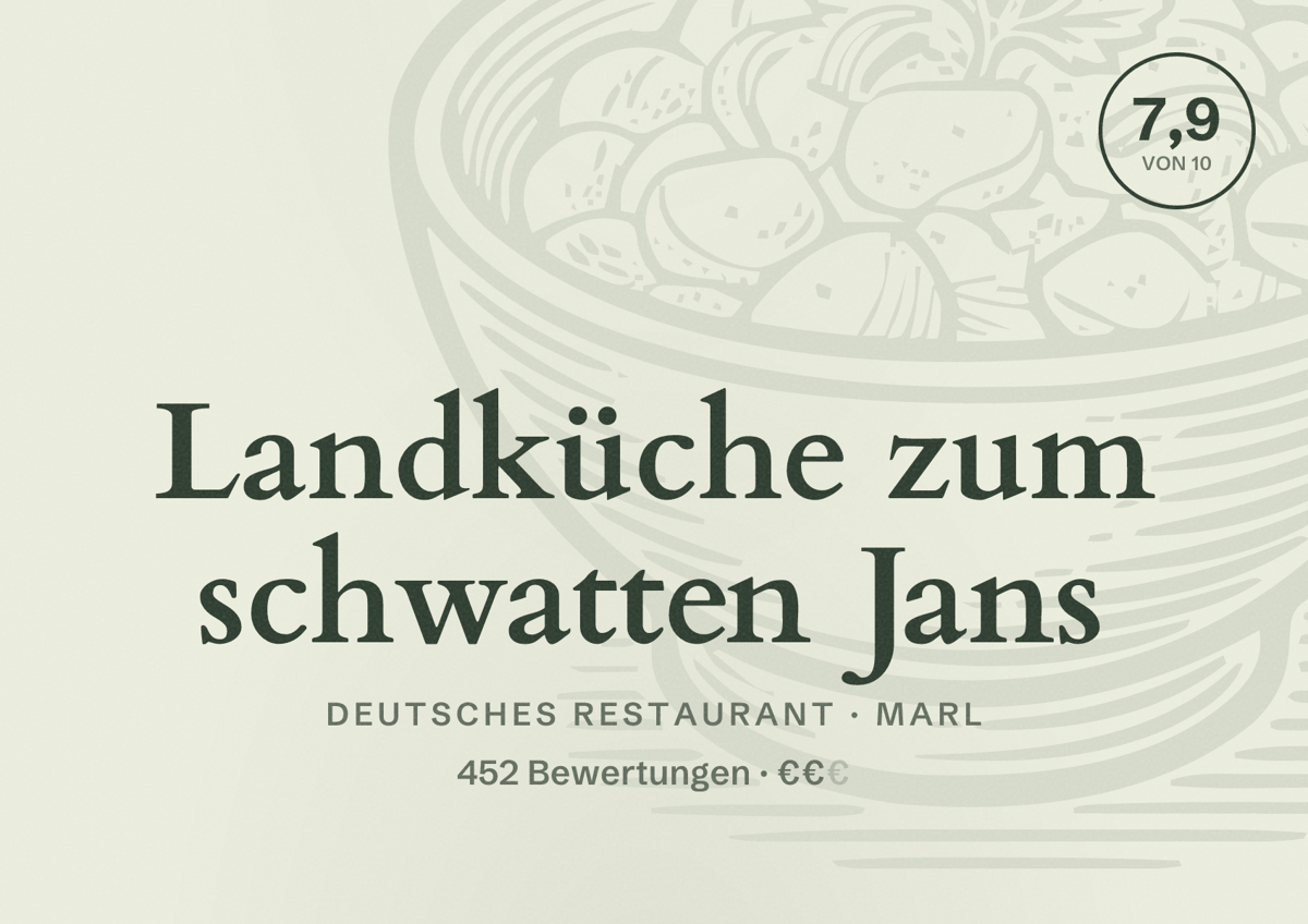 Illustriertes Poster von Landküche zum schwatten Jans, Deutsches Restaurant in Marl: Bewertung 7,9 von 10 aus 452 Bewertungen, Preisniveau €€