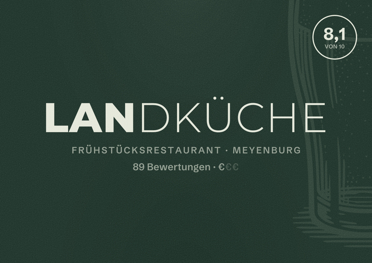 Illustriertes Poster von Landküche, Frühstücksrestaurant in Meyenburg: Bewertung 8,1 von 10 aus 89 Bewertungen, Preisniveau €