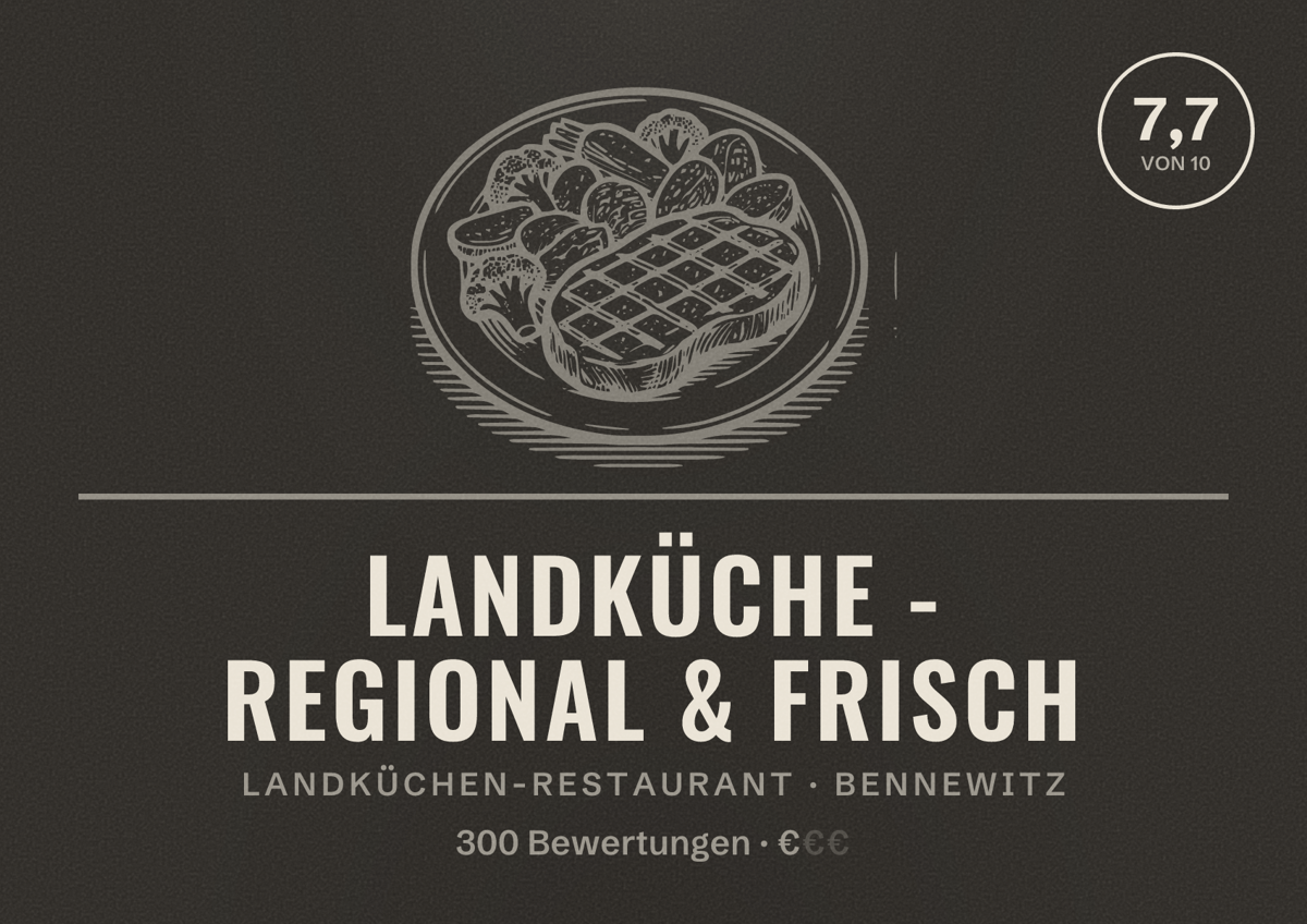 Illustriertes Poster von Landküche - regional & frisch, Landküchen-Restaurant in Bennewitz: Bewertung 7,7 von 10 aus 300 Bewertungen, Preisniveau €