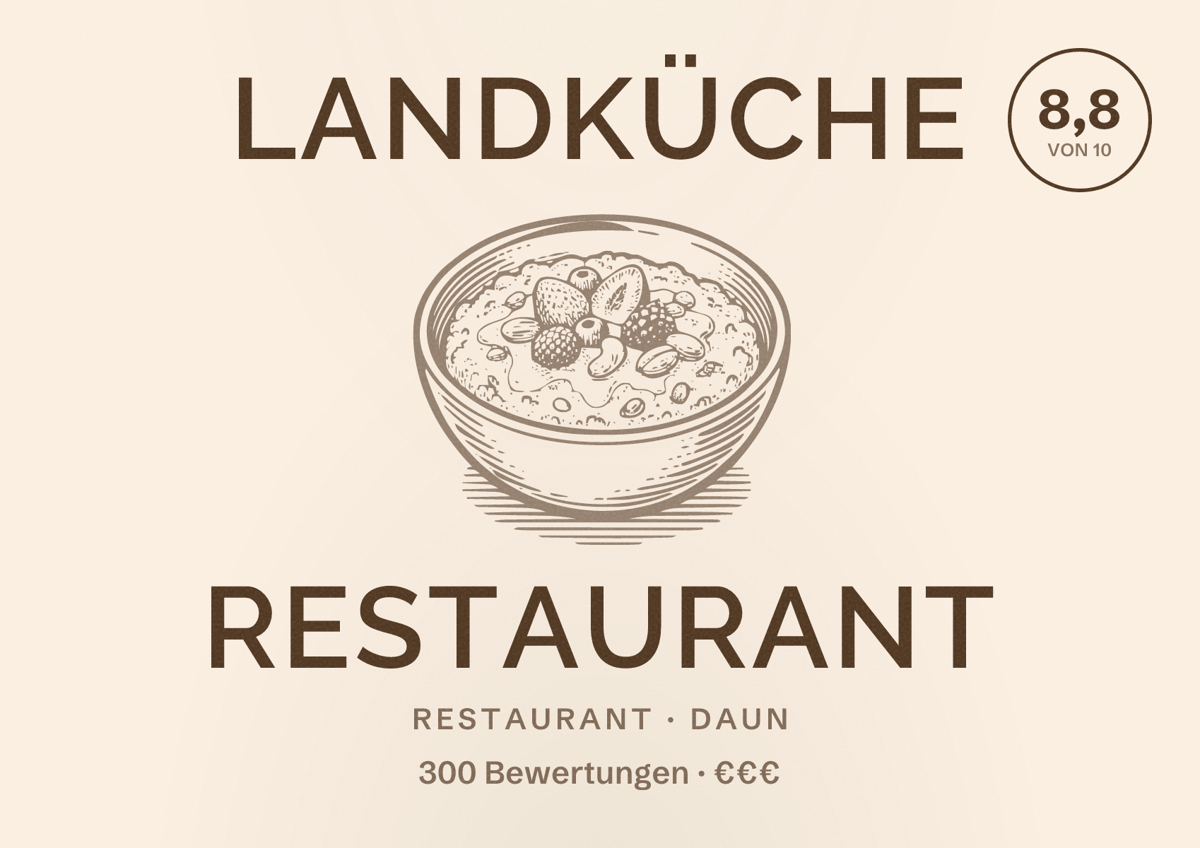 Illustriertes Poster von Landküche Restaurant, Restaurant in Daun: Bewertung 8,8 von 10 aus 300 Bewertungen, Preisniveau €€€