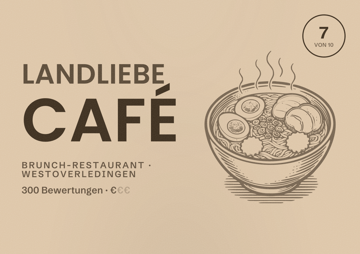 Illustriertes Poster von Landliebe Café, Brunch-Restaurant in Westoverledingen: Bewertung 7 von 10 aus 300 Bewertungen, Preisniveau €