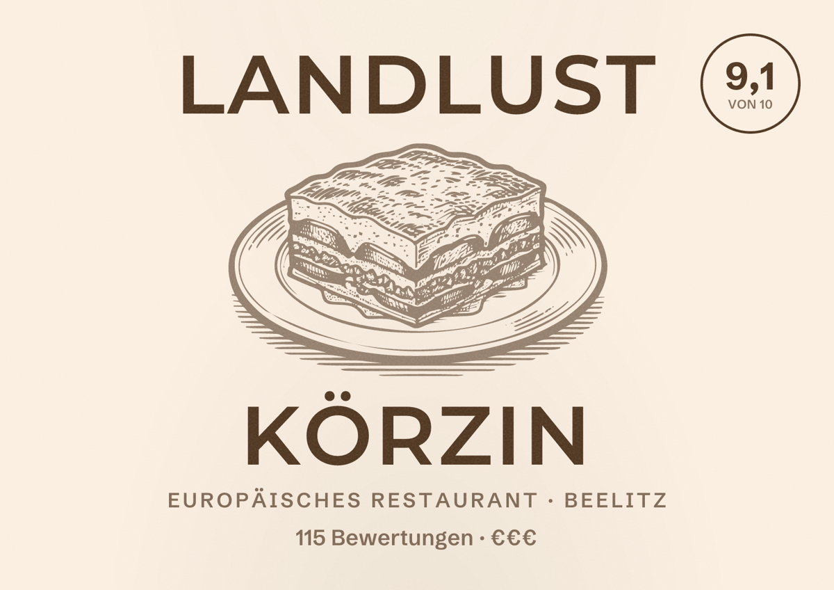 Illustriertes Poster von Landlust Körzin, Europäisches Restaurant in Beelitz: Bewertung 9,1 von 10 aus 115 Bewertungen, Preisniveau €€€
