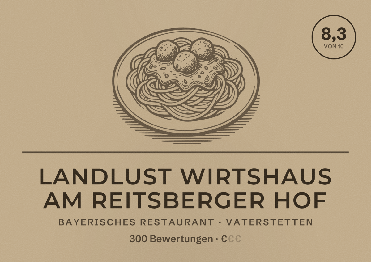 Illustriertes Poster von Landlust Wirtshaus am Reitsberger Hof, Bayerisches Restaurant in Vaterstetten: Bewertung 8,3 von 10 aus 300 Bewertungen, Preisniveau €