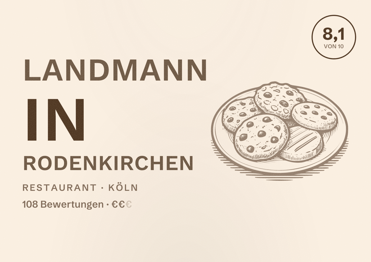 Illustriertes Poster von Landmann in Rodenkirchen, Restaurant in Köln: Bewertung 8,1 von 10 aus 108 Bewertungen, Preisniveau €€