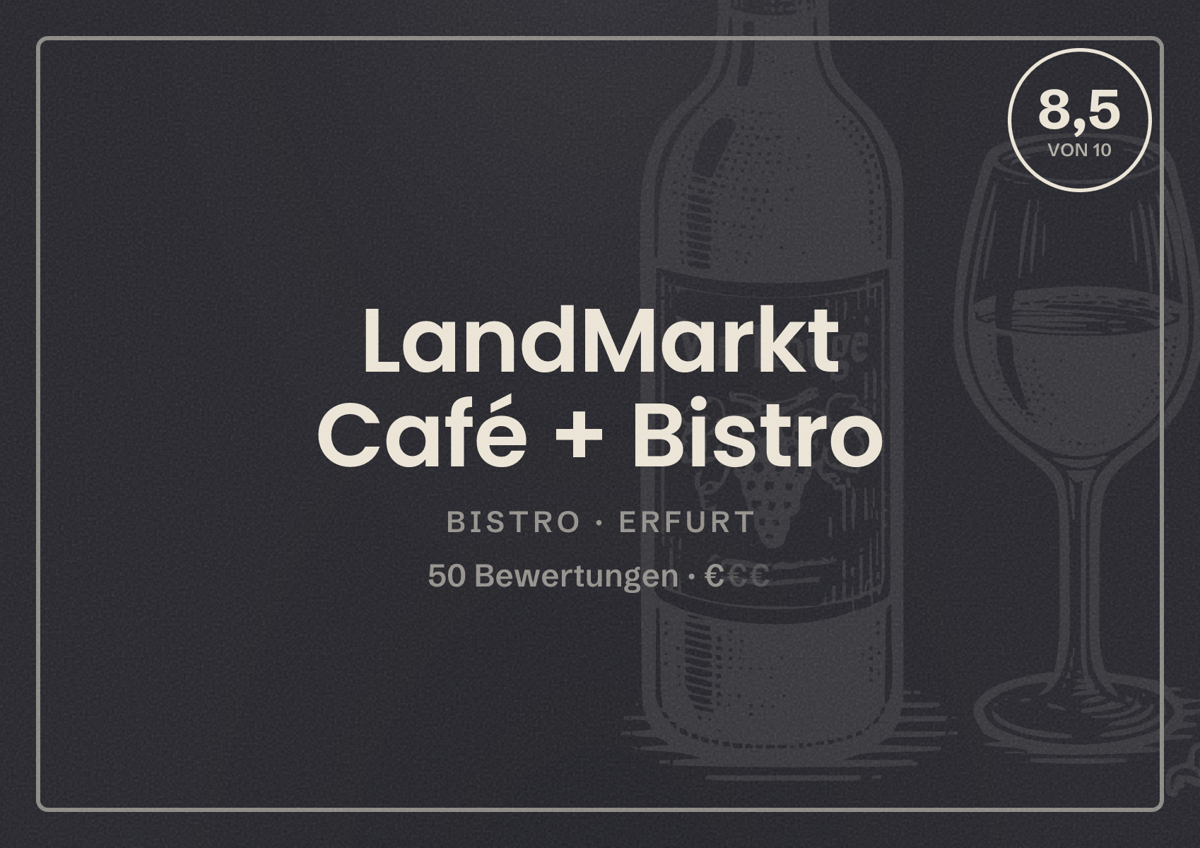 Illustriertes Poster von LandMarkt Café + Bistro, Bistro in Erfurt: Bewertung 8,5 von 10 aus 50 Bewertungen, Preisniveau €