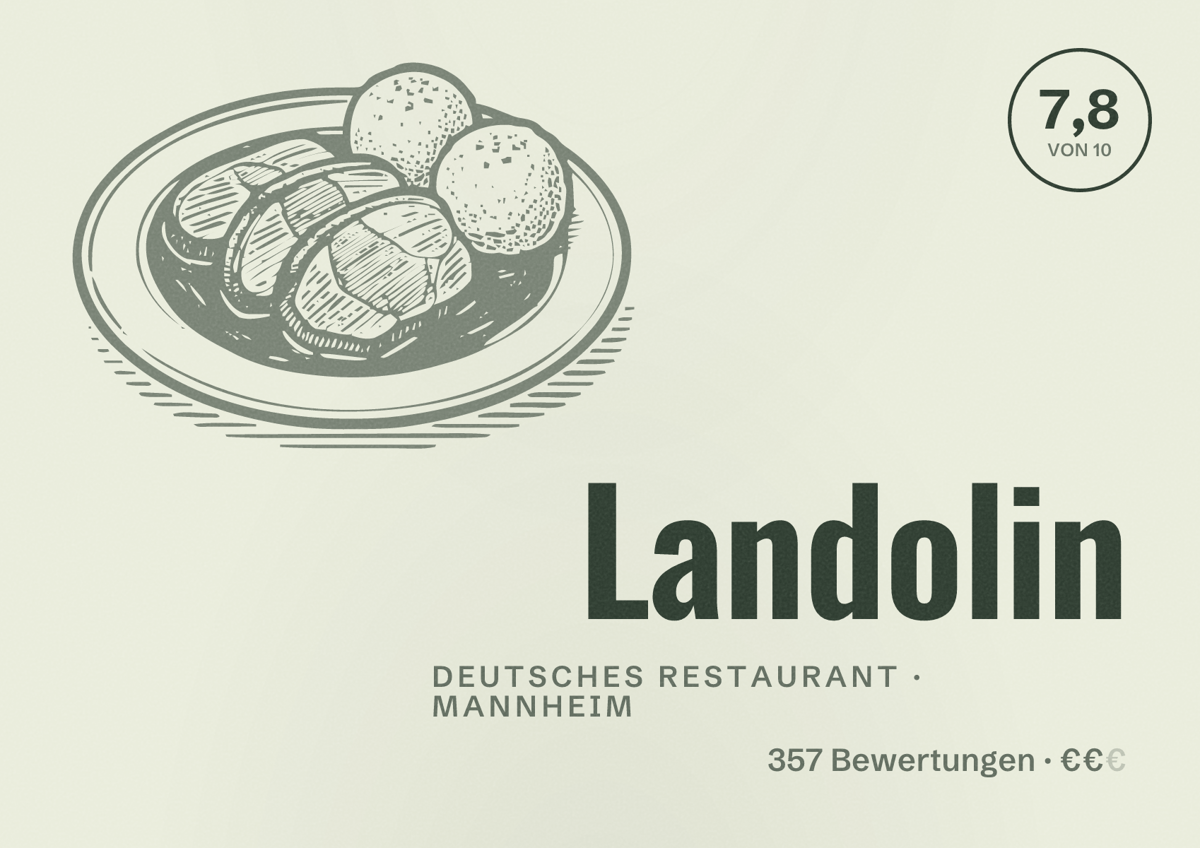 Illustriertes Poster von Landolin, Deutsches Restaurant in Mannheim: Bewertung 7,8 von 10 aus 357 Bewertungen, Preisniveau €€