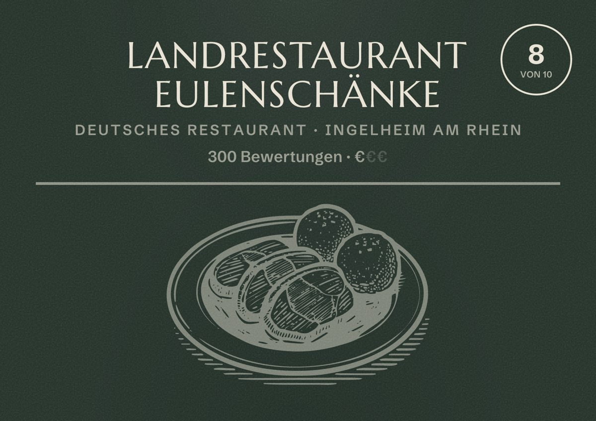 Illustriertes Poster von Landrestaurant Eulenschänke, Deutsches Restaurant in Ingelheim am Rhein: Bewertung 8 von 10 aus 300 Bewertungen, Preisniveau €