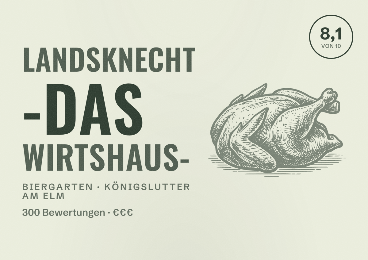 Illustriertes Poster von Landsknecht -Das Wirtshaus-, Biergarten in Königslutter am Elm: Bewertung 8,1 von 10 aus 300 Bewertungen, Preisniveau €€€
