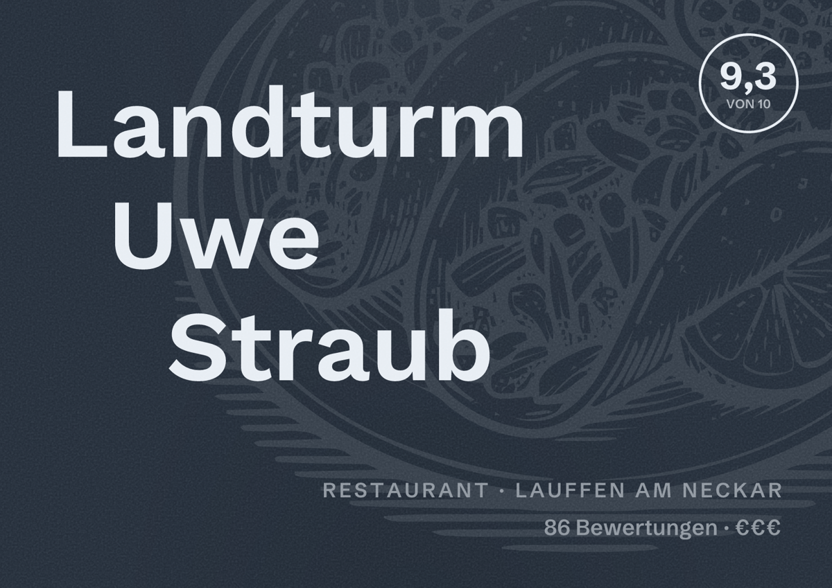 Illustriertes Poster von Landturm Uwe Straub, Restaurant in Lauffen am Neckar: Bewertung 9,3 von 10 aus 86 Bewertungen, Preisniveau €€€