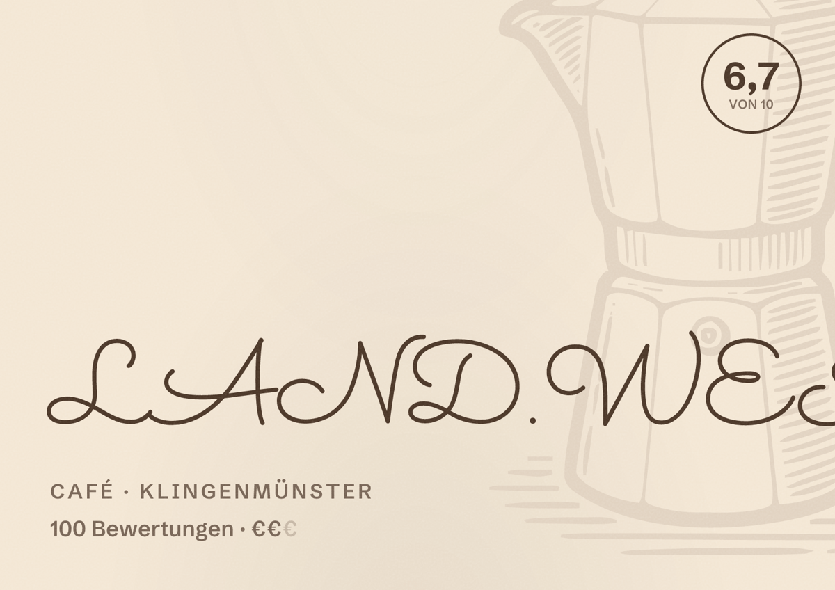 Illustriertes Poster von LAND.WEIN.GUT, Café in Klingenmünster: Bewertung 6,7 von 10 aus 100 Bewertungen, Preisniveau €€