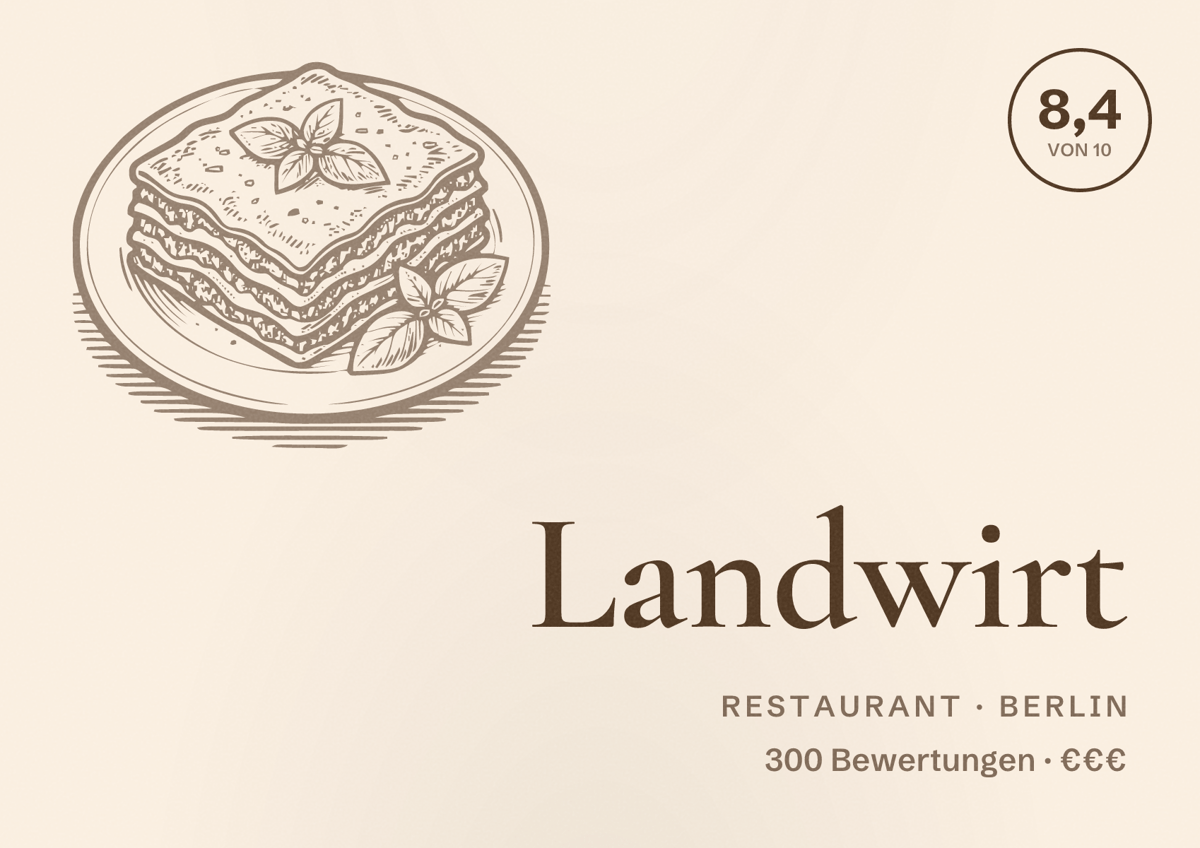 Illustriertes Poster von Landwirt, Restaurant in Berlin: Bewertung 8,4 von 10 aus 300 Bewertungen, Preisniveau €€€