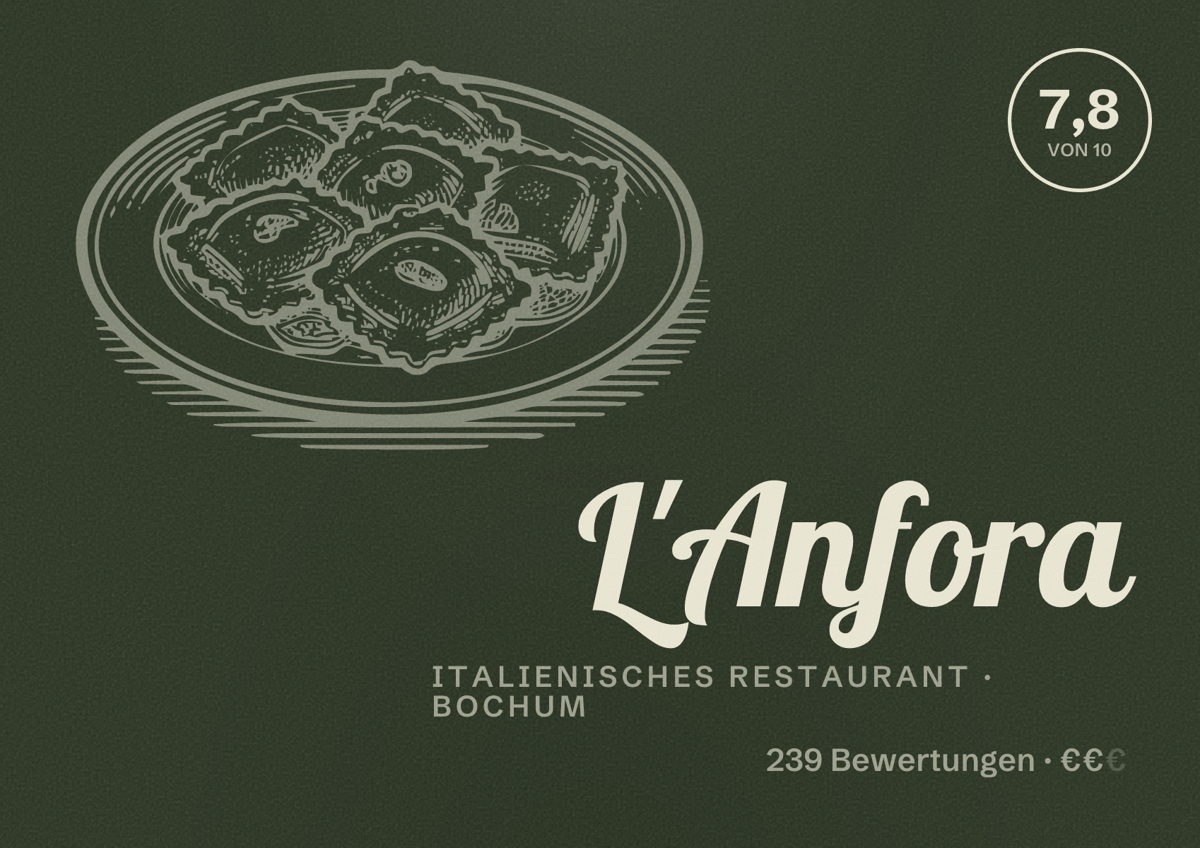 Illustriertes Poster von L'Anfora, Italienisches Restaurant in Bochum: Bewertung 7,8 von 10 aus 239 Bewertungen, Preisniveau €€