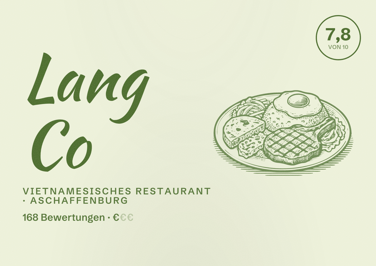 Illustriertes Poster von Lang Co, Vietnamesisches Restaurant in Aschaffenburg: Bewertung 7,8 von 10 aus 168 Bewertungen, Preisniveau €