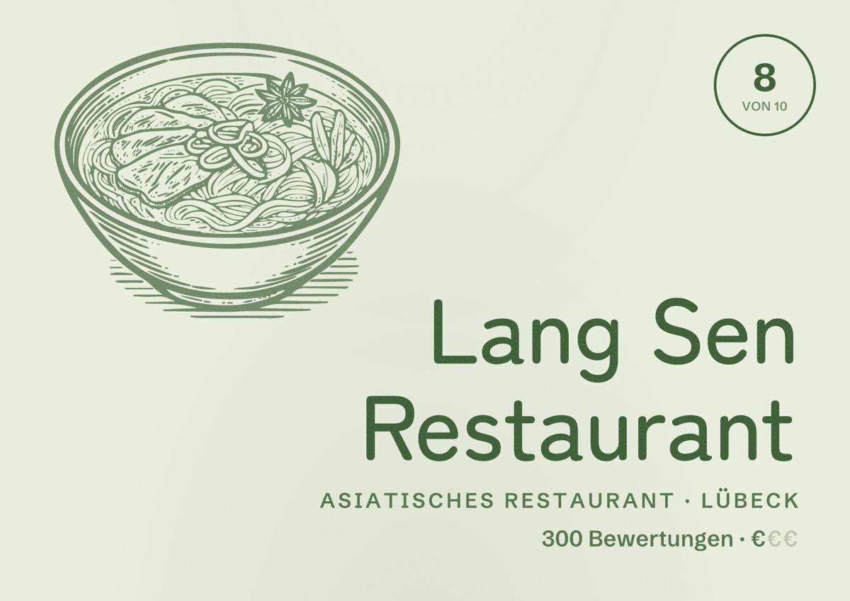 Illustriertes Poster von Lang Sen Restaurant, Asiatisches Restaurant in Lübeck: Bewertung 8 von 10 aus 300 Bewertungen, Preisniveau €
