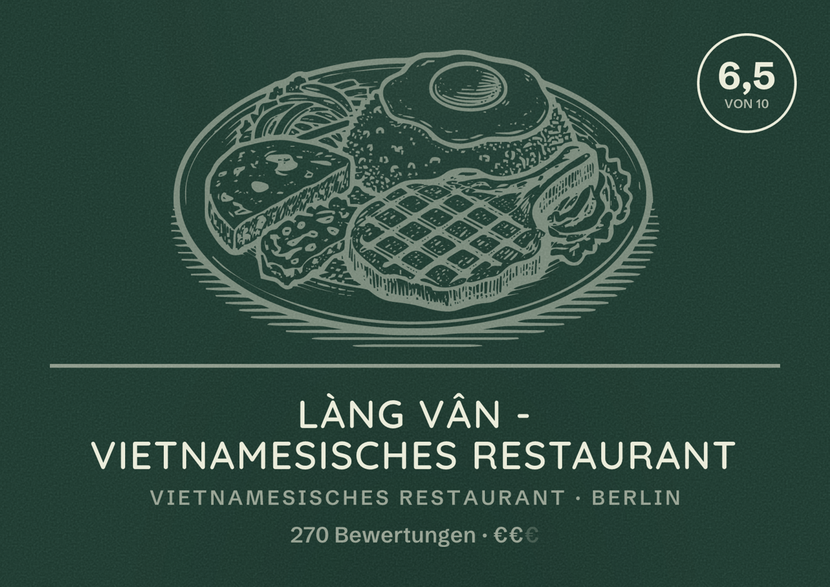 Illustriertes Poster von Làng Vân - Vietnamesisches Restaurant, Vietnamesisches Restaurant in Berlin: Bewertung 6,5 von 10 aus 270 Bewertungen, Preisniveau €€