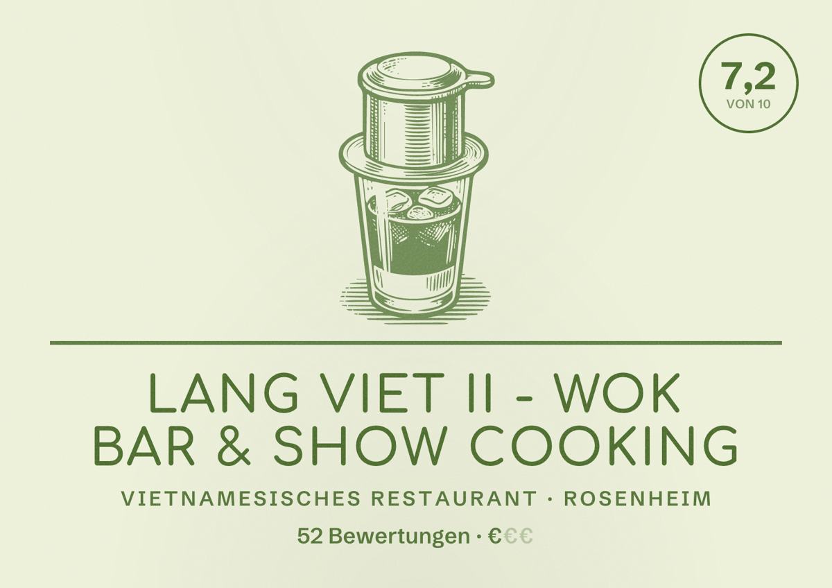 Illustriertes Poster von Lang Viet II - Wok Bar & Show Cooking, Vietnamesisches Restaurant in Rosenheim: Bewertung 7,2 von 10 aus 52 Bewertungen, Preisniveau €