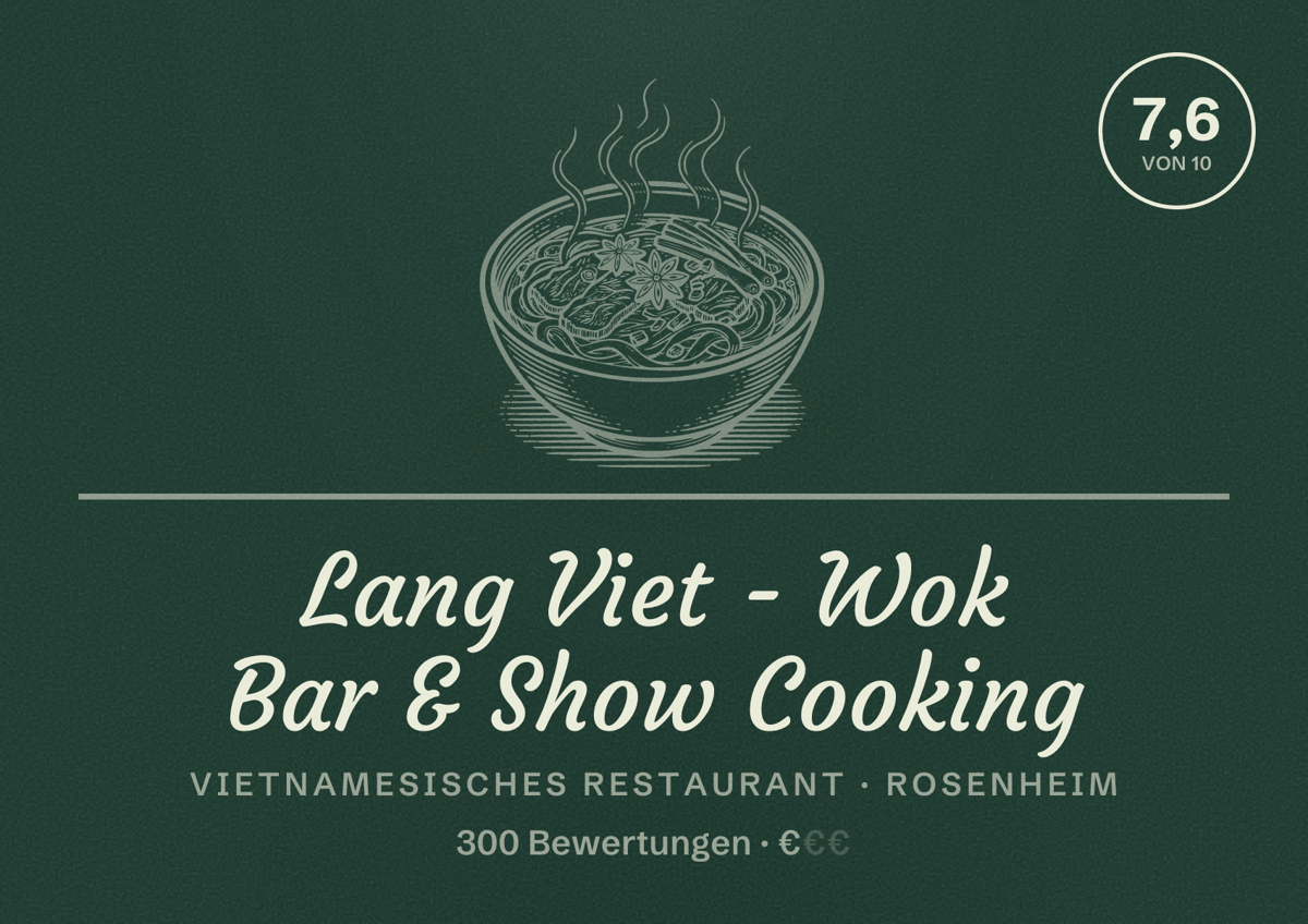 Illustriertes Poster von Lang Viet - Wok Bar & Show Cooking, Vietnamesisches Restaurant in Rosenheim: Bewertung 7,6 von 10 aus 300 Bewertungen, Preisniveau €