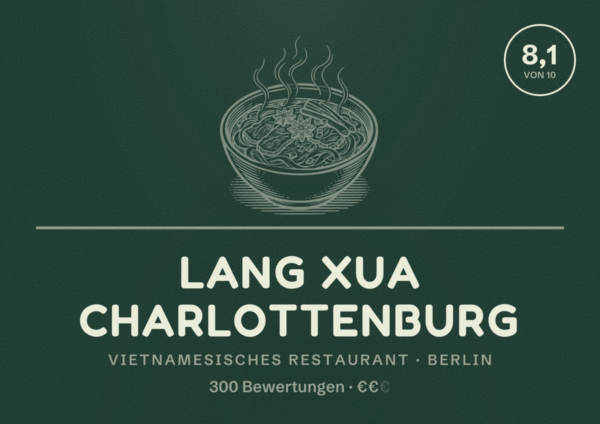 Illustriertes Poster von Lang Xua Charlottenburg, Vietnamesisches Restaurant in Berlin: Bewertung 8,1 von 10 aus 300 Bewertungen, Preisniveau €€