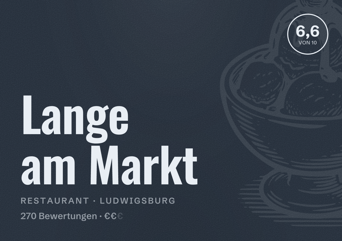 Illustriertes Poster von Lange am Markt, Restaurant in Ludwigsburg: Bewertung 6,6 von 10 aus 270 Bewertungen, Preisniveau €€