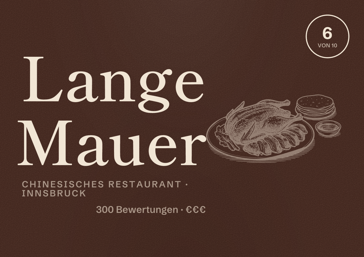 Illustriertes Poster von Lange Mauer, Chinesisches Restaurant in Innsbruck: Bewertung 6 von 10 aus 300 Bewertungen, Preisniveau €€€