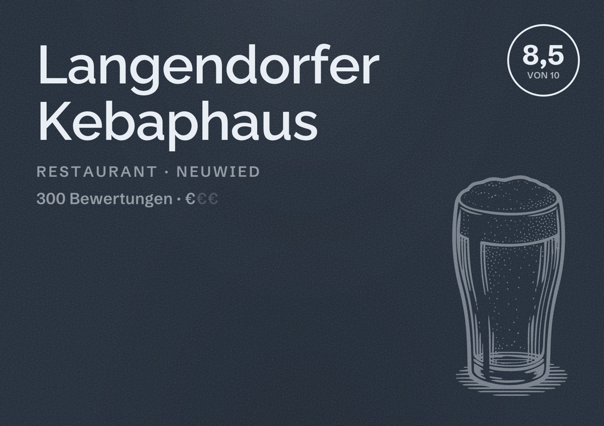 Illustriertes Poster von Langendorfer Kebaphaus, Restaurant in Neuwied: Bewertung 8,5 von 10 aus 300 Bewertungen, Preisniveau €