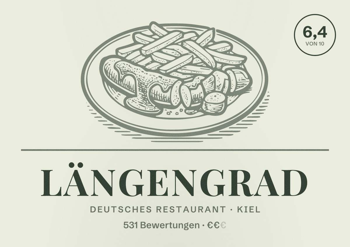 Illustriertes Poster von Längengrad, Deutsches Restaurant in Kiel: Gästebewertung 6,4 von 10 aus 531 Bewertungen