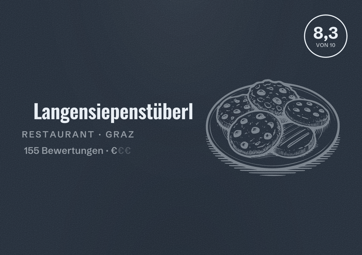 Illustriertes Poster von Langensiepenstüberl, Restaurant in Graz: Bewertung 8,3 von 10 aus 155 Bewertungen, Preisniveau €