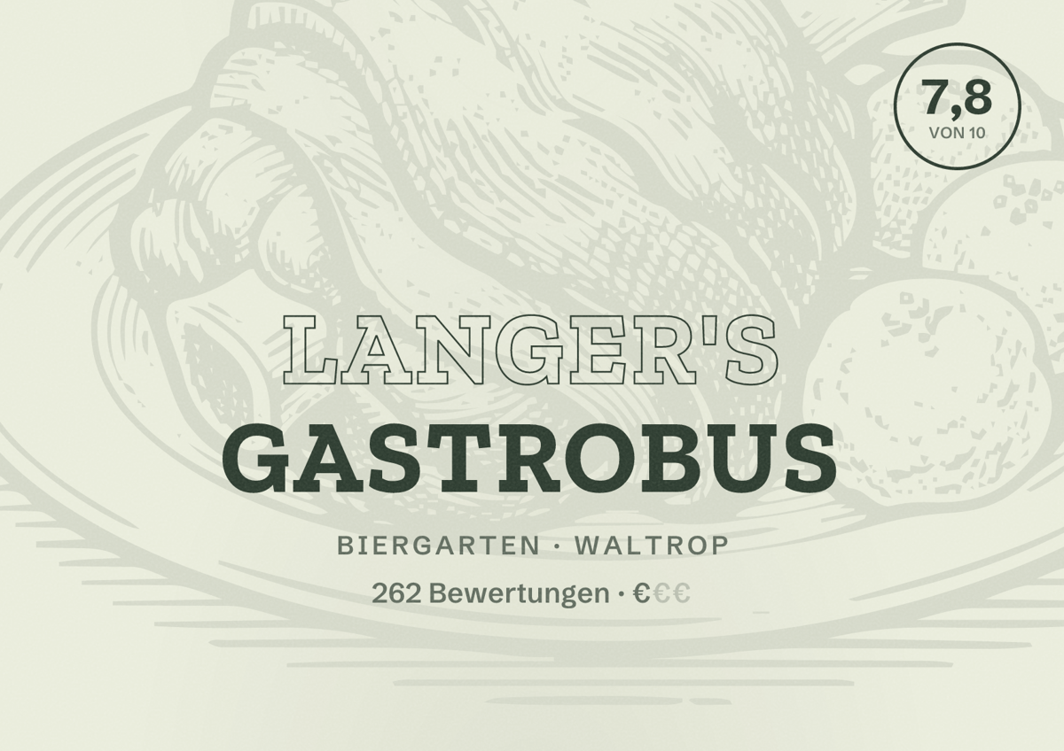 Illustriertes Poster von Langer's Gastrobus, Biergarten in Waltrop: Bewertung 7,8 von 10 aus 262 Bewertungen, Preisniveau €