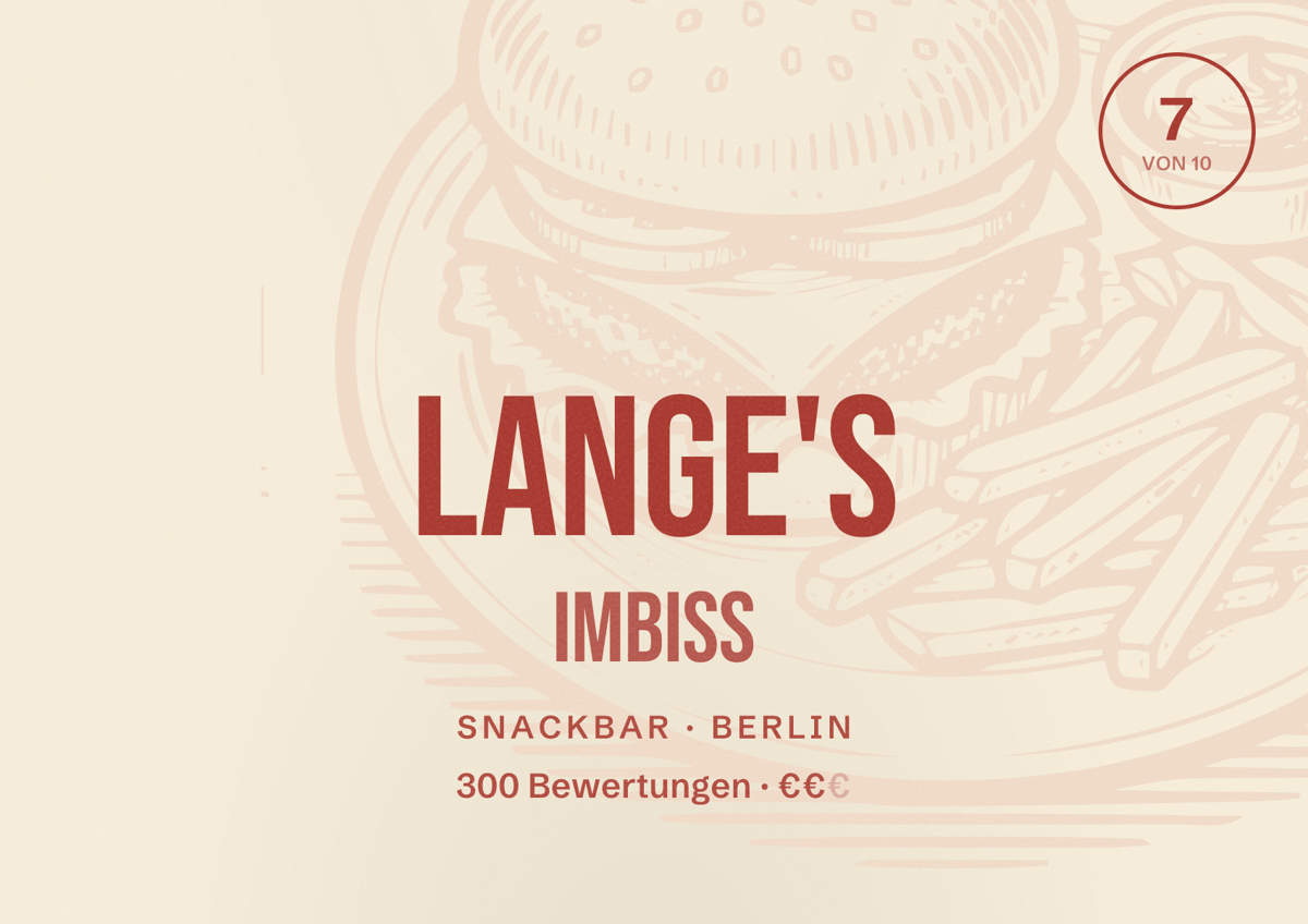 Illustriertes Poster von Lange's Imbiss, Snackbar in Berlin: Bewertung 7,0 von 10 aus 300 Bewertungen, Preisniveau €€