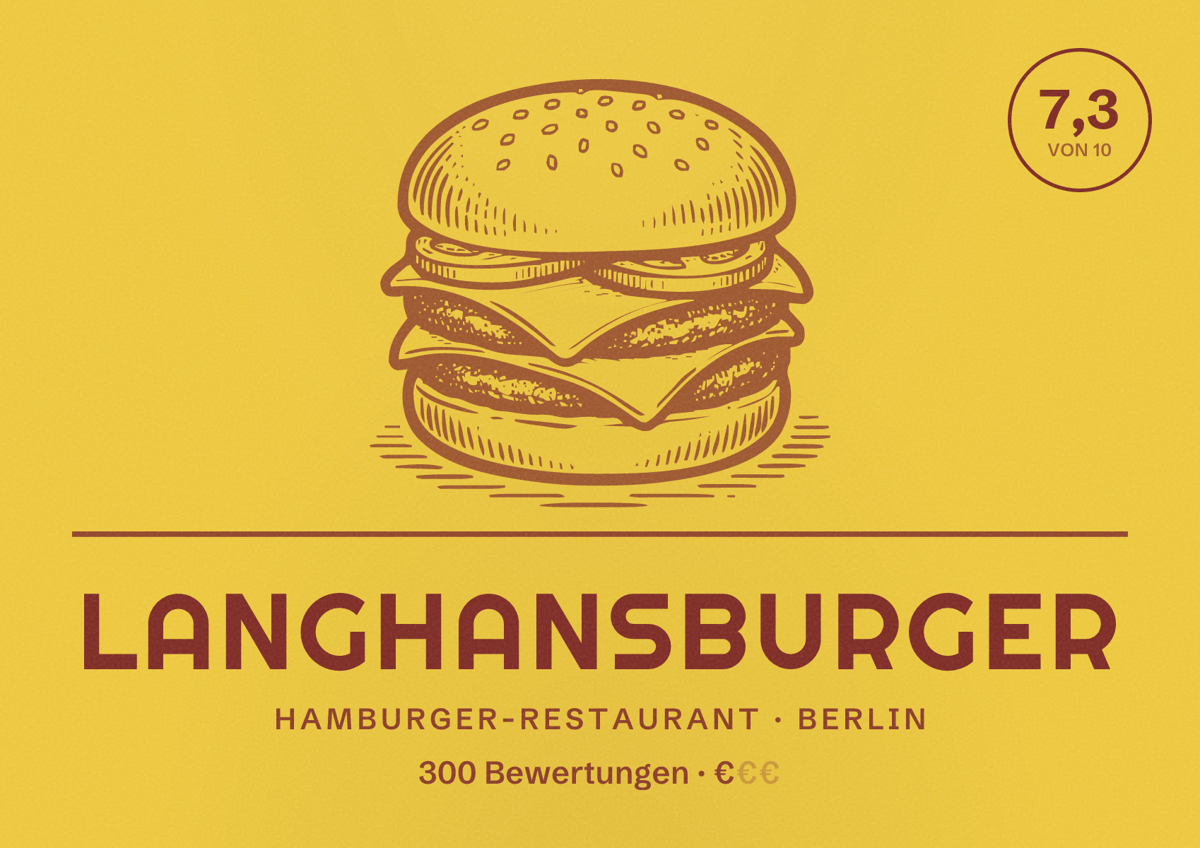 Illustriertes Poster von LanghansBurger, Hamburger-Restaurant in Berlin: Bewertung 7,3 von 10 aus 300 Bewertungen, Preisniveau €