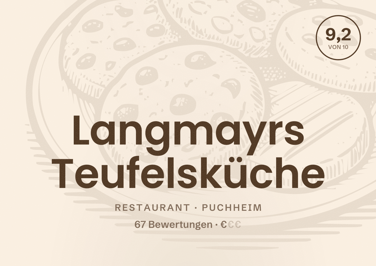Illustriertes Poster von Langmayrs Teufelsküche, Restaurant in Puchheim: Bewertung 9,2 von 10 aus 67 Bewertungen, Preisniveau €